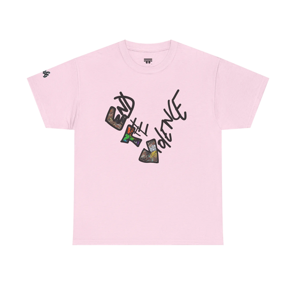 Graphic heart t-shirt with graffiti-style "End the Violence" hand-drawn text and mixed-media art, Light Pink, front view on form.