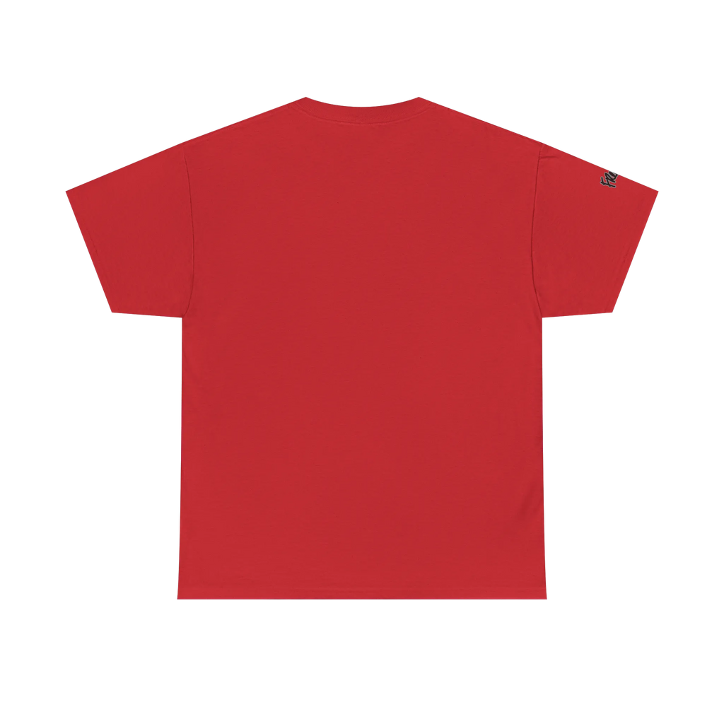 Graphic heart t-shirt with script sleeve detail, Red, back view on form.