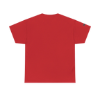 Graphic heart t-shirt with script sleeve detail, Red, back view on form.