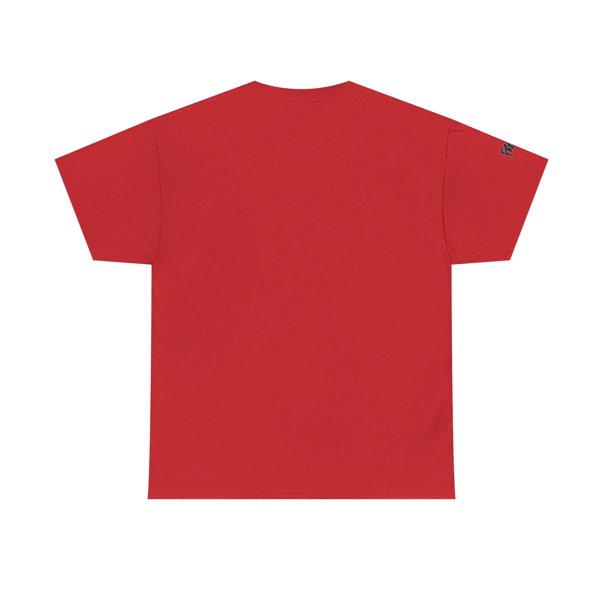 Graphic heart t-shirt with script sleeve detail, Red, back view on form.