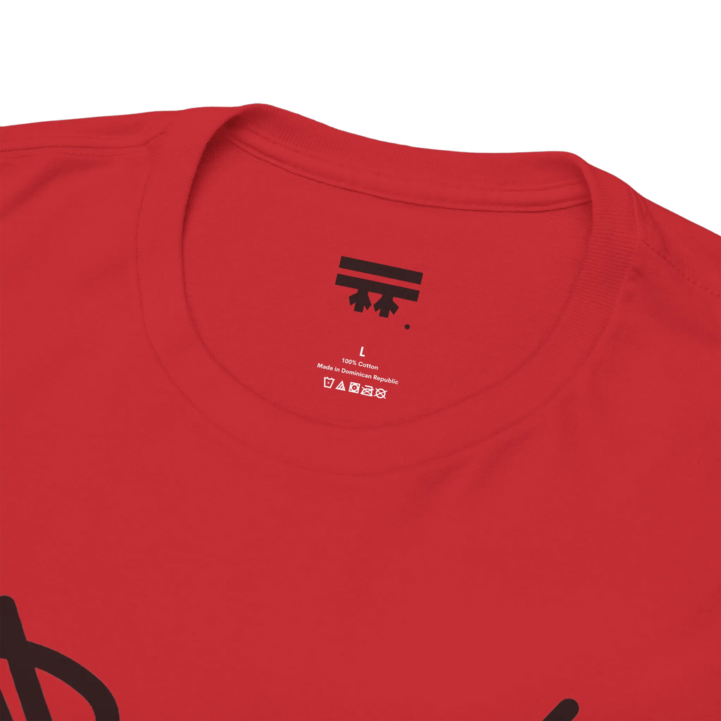 Graphic heart t-shirt inner neck label showing 100% cotton, Red, collar detail.