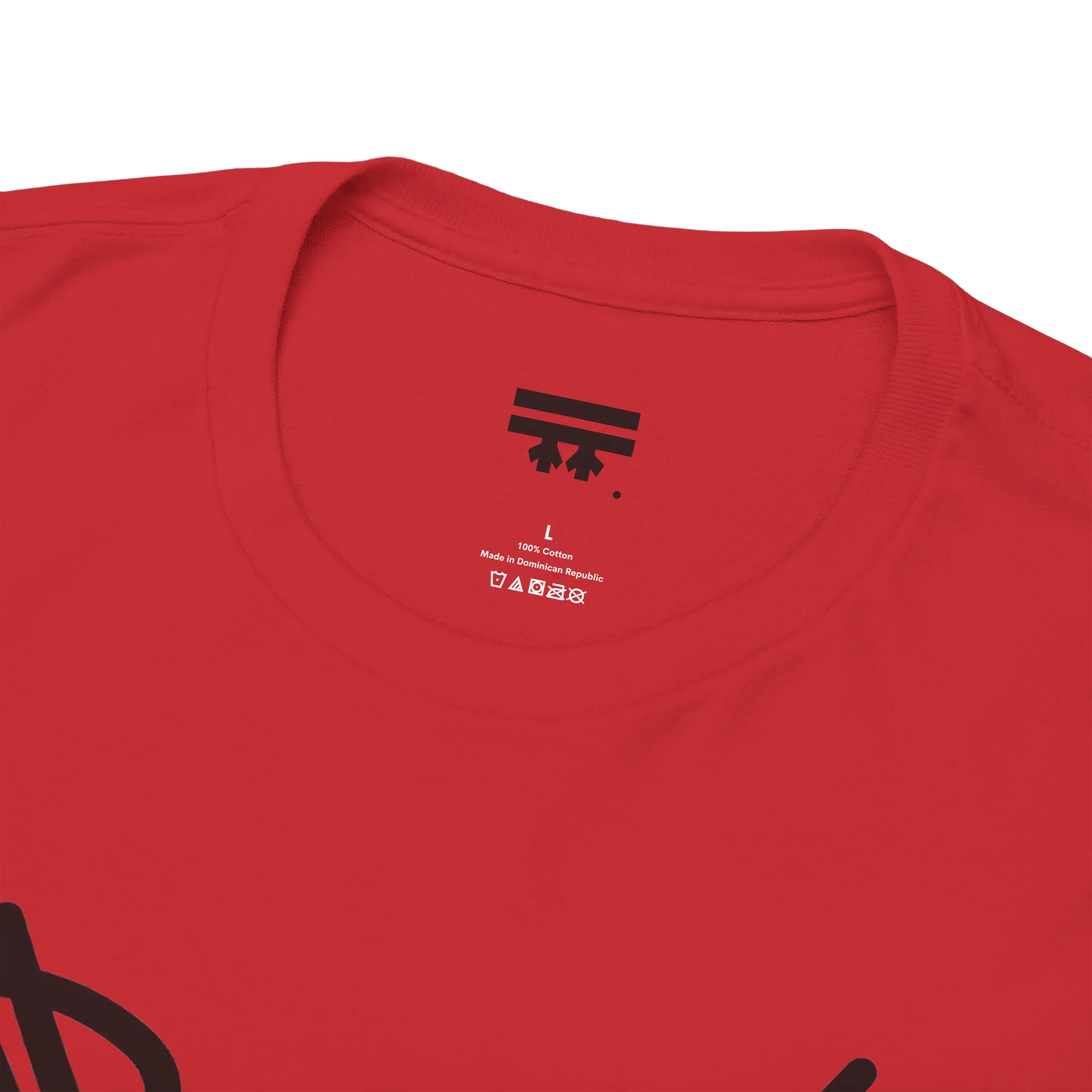 Graphic heart t-shirt inner neck label showing 100% cotton, Red, collar detail.