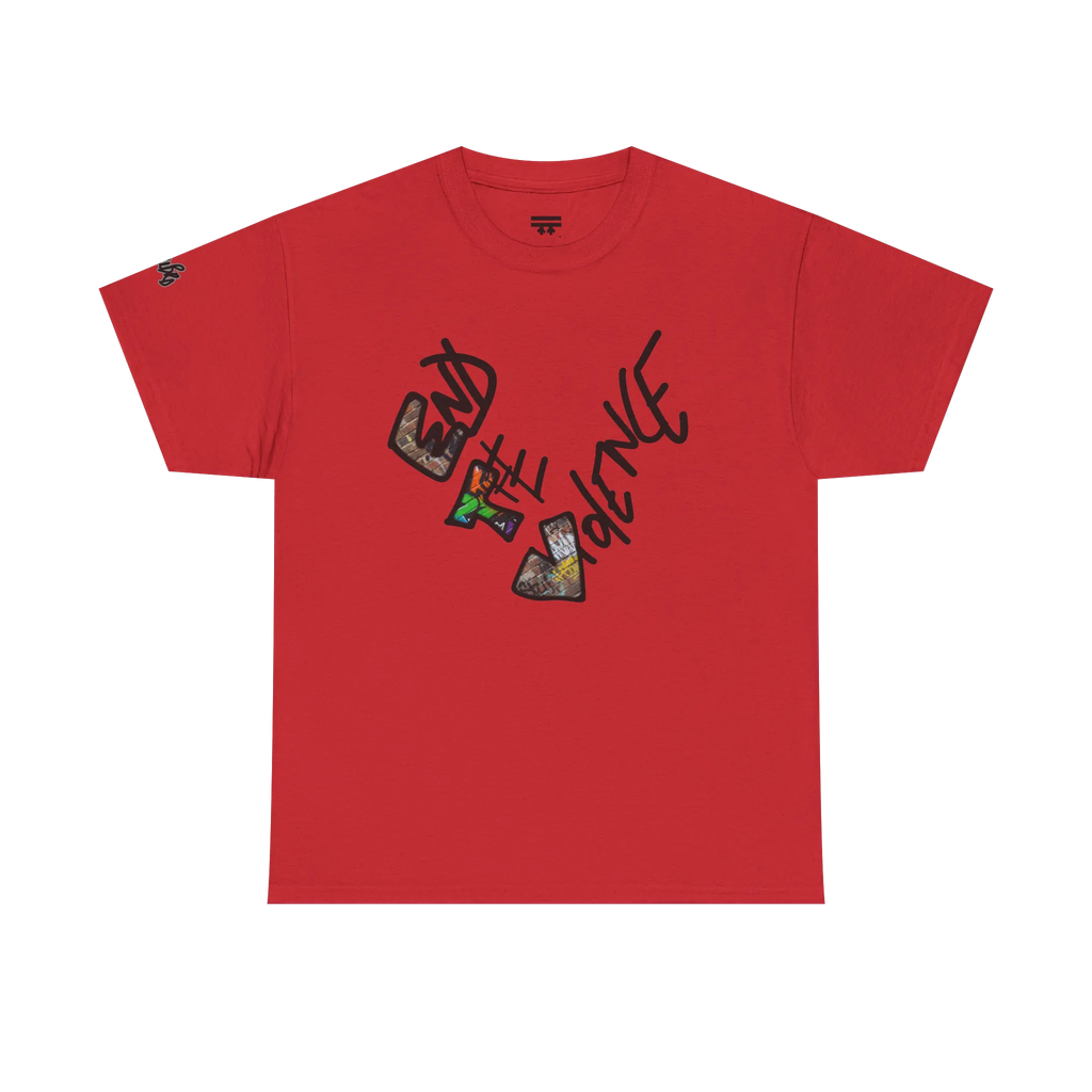 Graphic heart t-shirt with graffiti-style "End the Violence" hand-drawn text and mixed-media art, Red, front view on form.