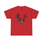 Graphic heart t-shirt with graffiti-style "End the Violence" hand-drawn text and mixed-media art, Red, front view on form.