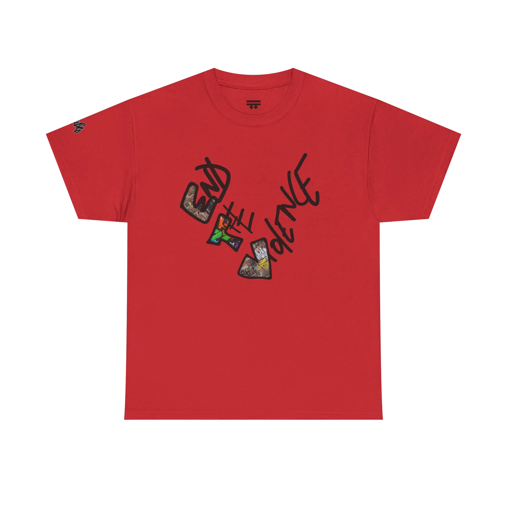 Graphic heart t-shirt with graffiti-style "End the Violence" hand-drawn text and mixed-media art, Red, front view on form.