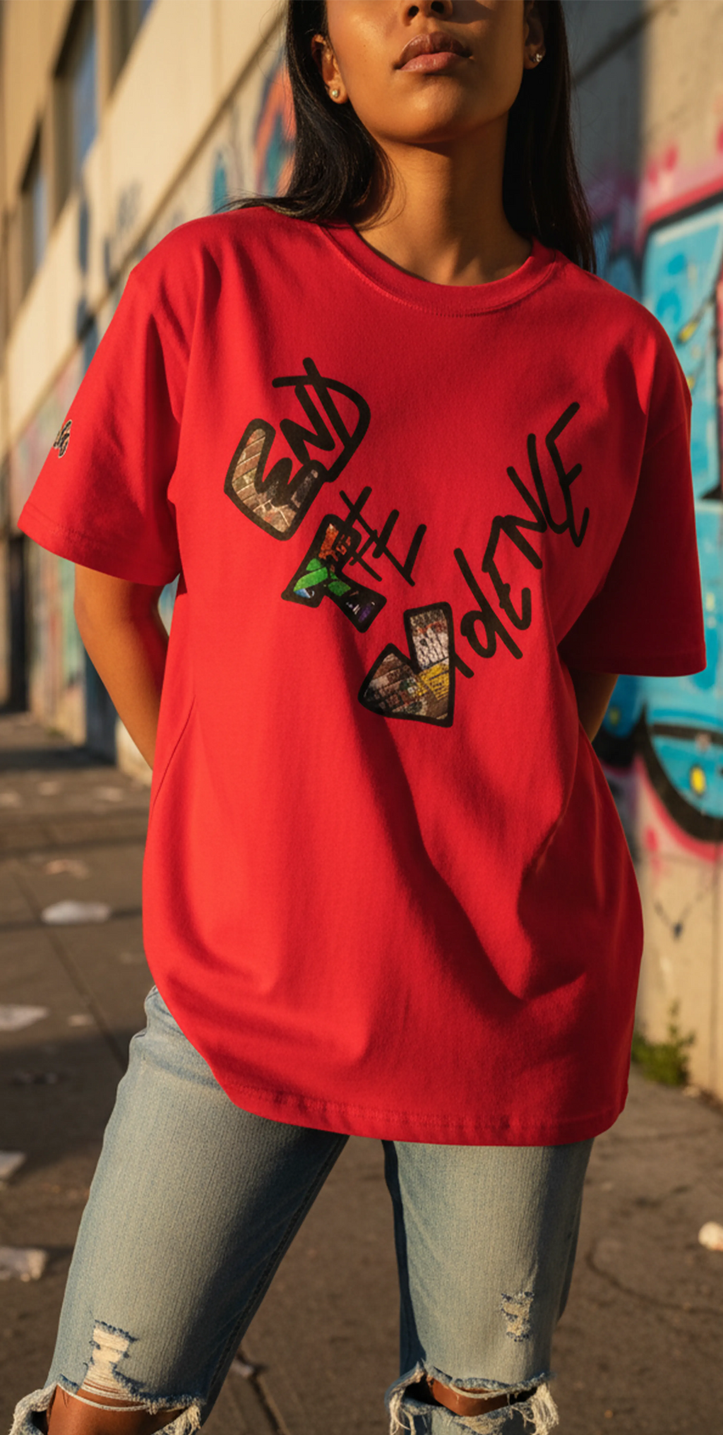 Graphic heart t-shirt with graffiti-style "End the Violence" mixed-media art, red, street urban lifestyle, feminine worn view.