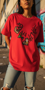 Graphic heart t-shirt with graffiti-style "End the Violence" mixed-media art, red, street urban lifestyle, feminine worn view.