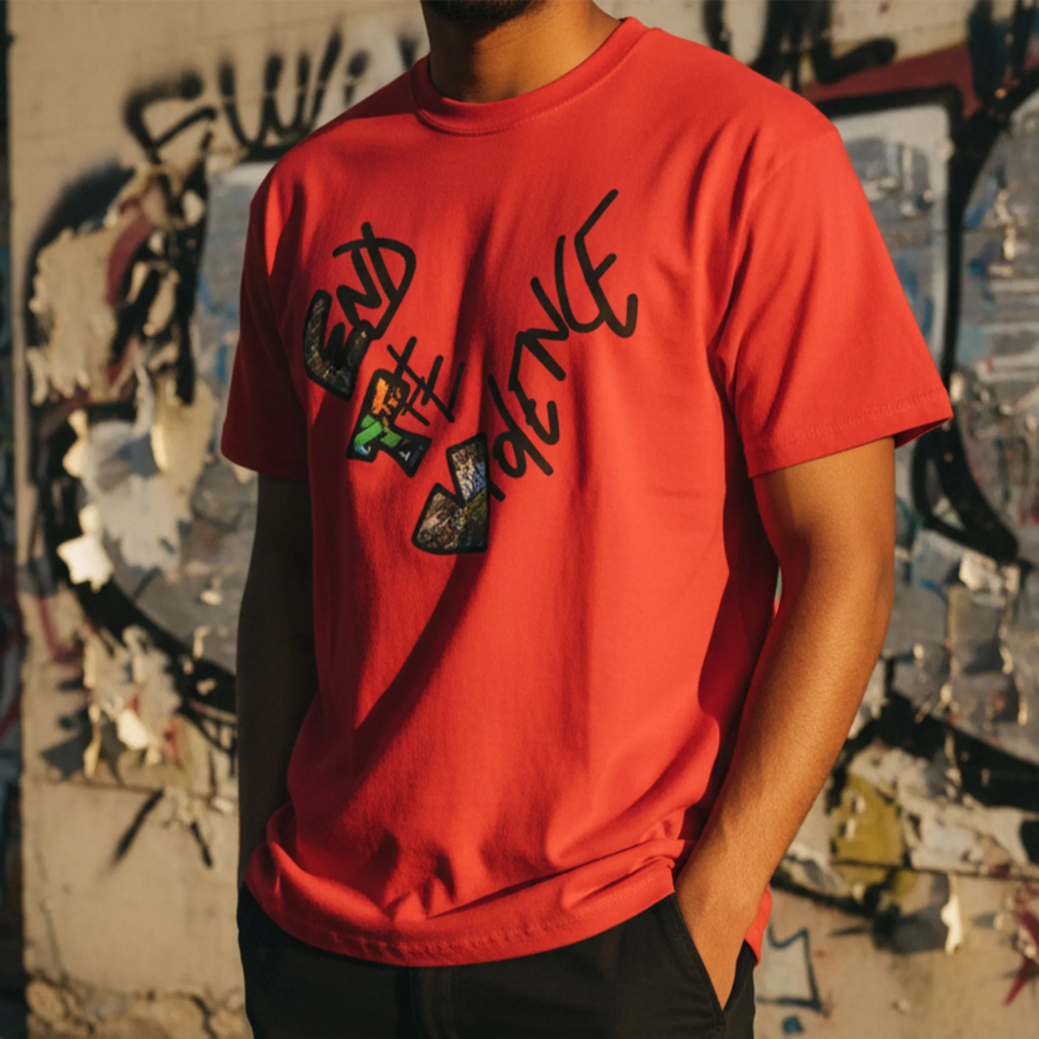 Graphic heart t-shirt with graffiti-style "End the Violence" mixed-media art, red, street urban lifestyle, masculine worn view