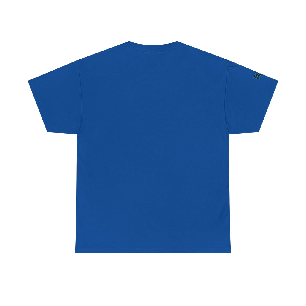 Graphic heart t-shirt with script sleeve detail, Royal Blue, back view on form.