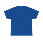 Graphic heart t-shirt with script sleeve detail, Royal Blue, back view on form.