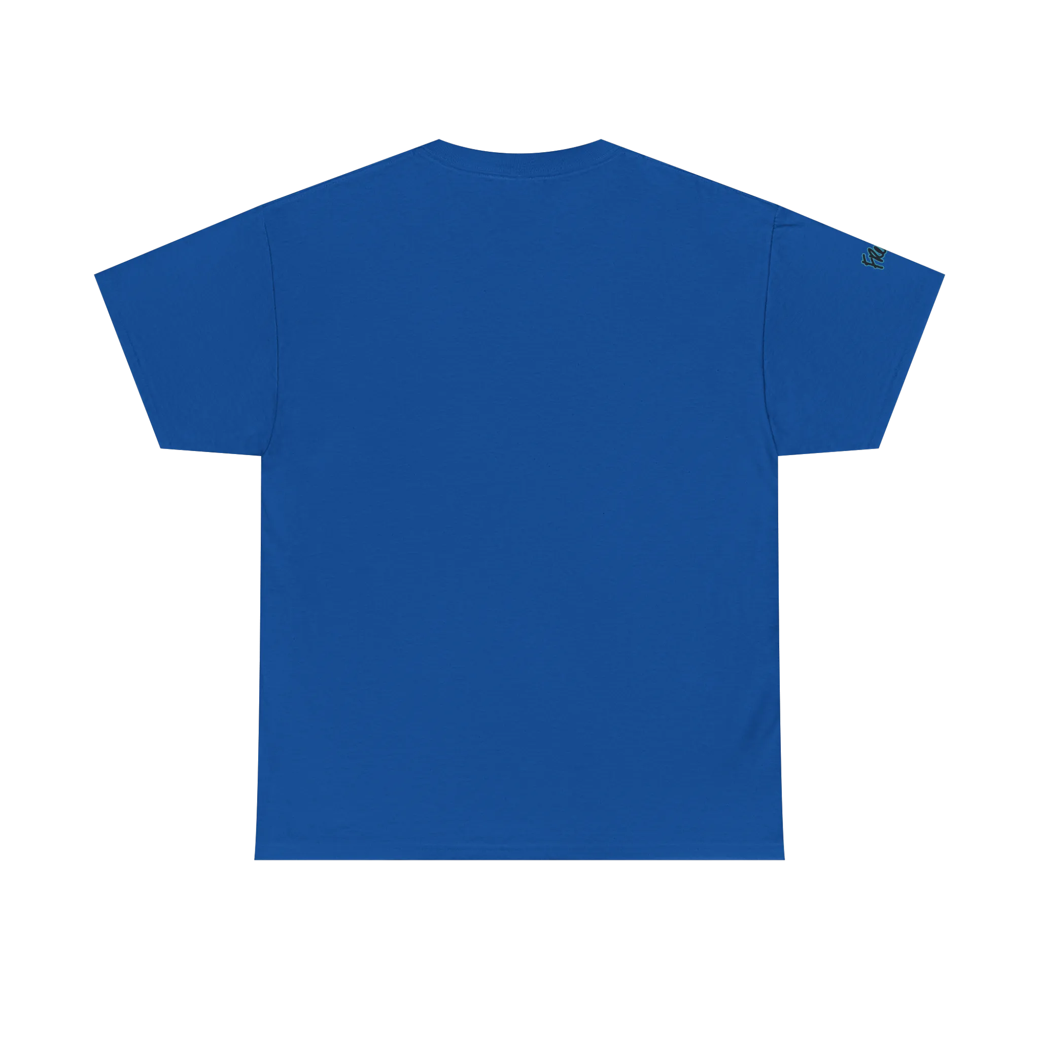 Graphic heart t-shirt with script sleeve detail, Royal Blue, back view on form.