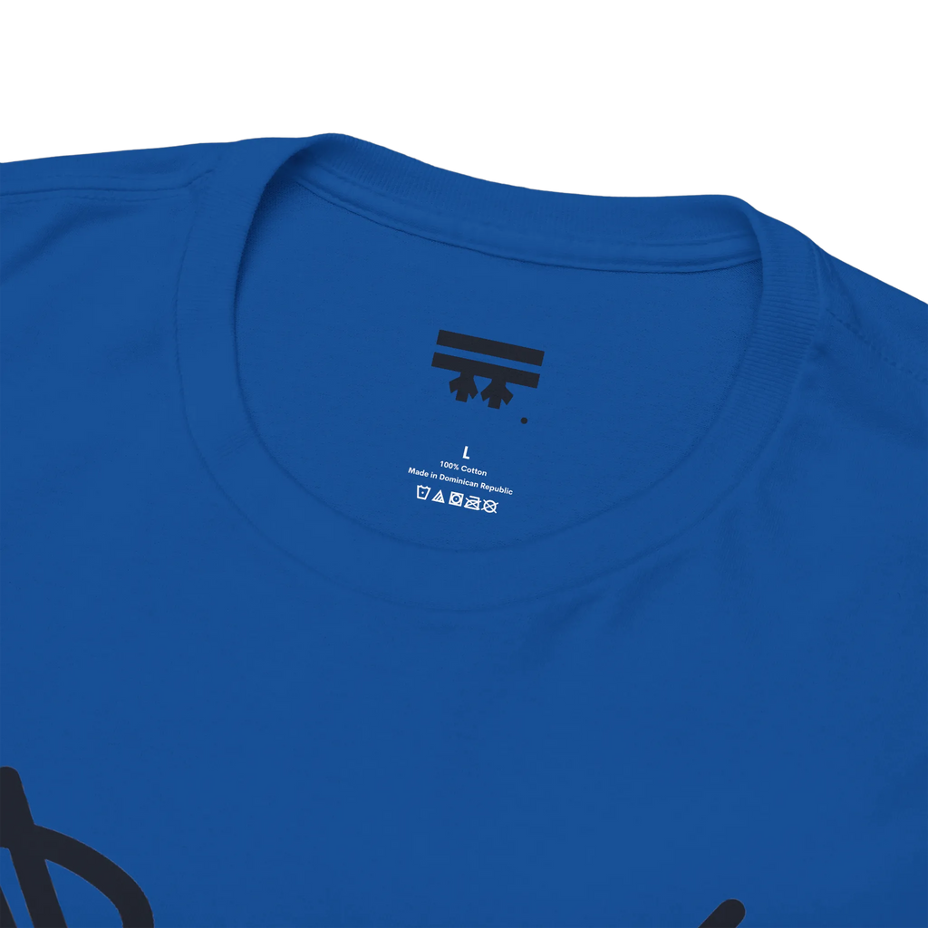 Graphic heart t-shirt inner neck label showing 100% cotton, Royal Blue, collar detail.