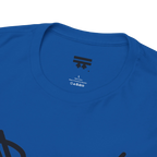 Graphic heart t-shirt inner neck label showing 100% cotton, Royal Blue, collar detail.