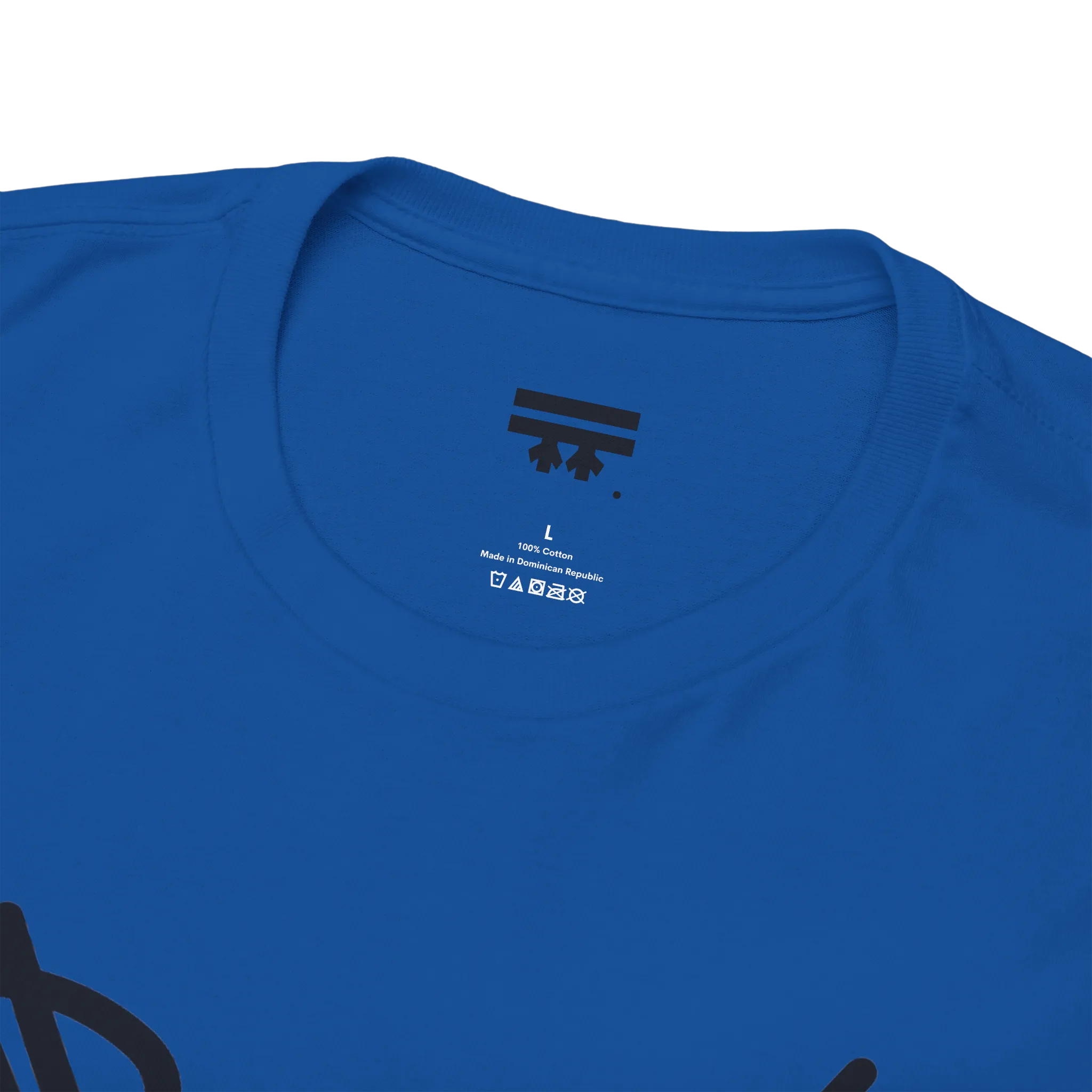 Graphic heart t-shirt inner neck label showing 100% cotton, Royal Blue, collar detail.