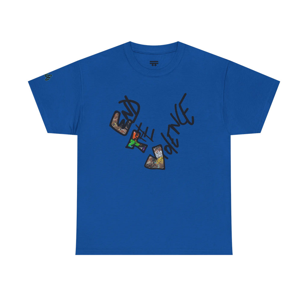 Graphic heart t-shirt with graffiti-style "End the Violence" hand-drawn text and mixed-media art, Royal Blue, front view on form.