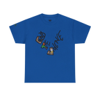 Graphic heart t-shirt with graffiti-style "End the Violence" hand-drawn text and mixed-media art, Royal Blue, front view on form.
