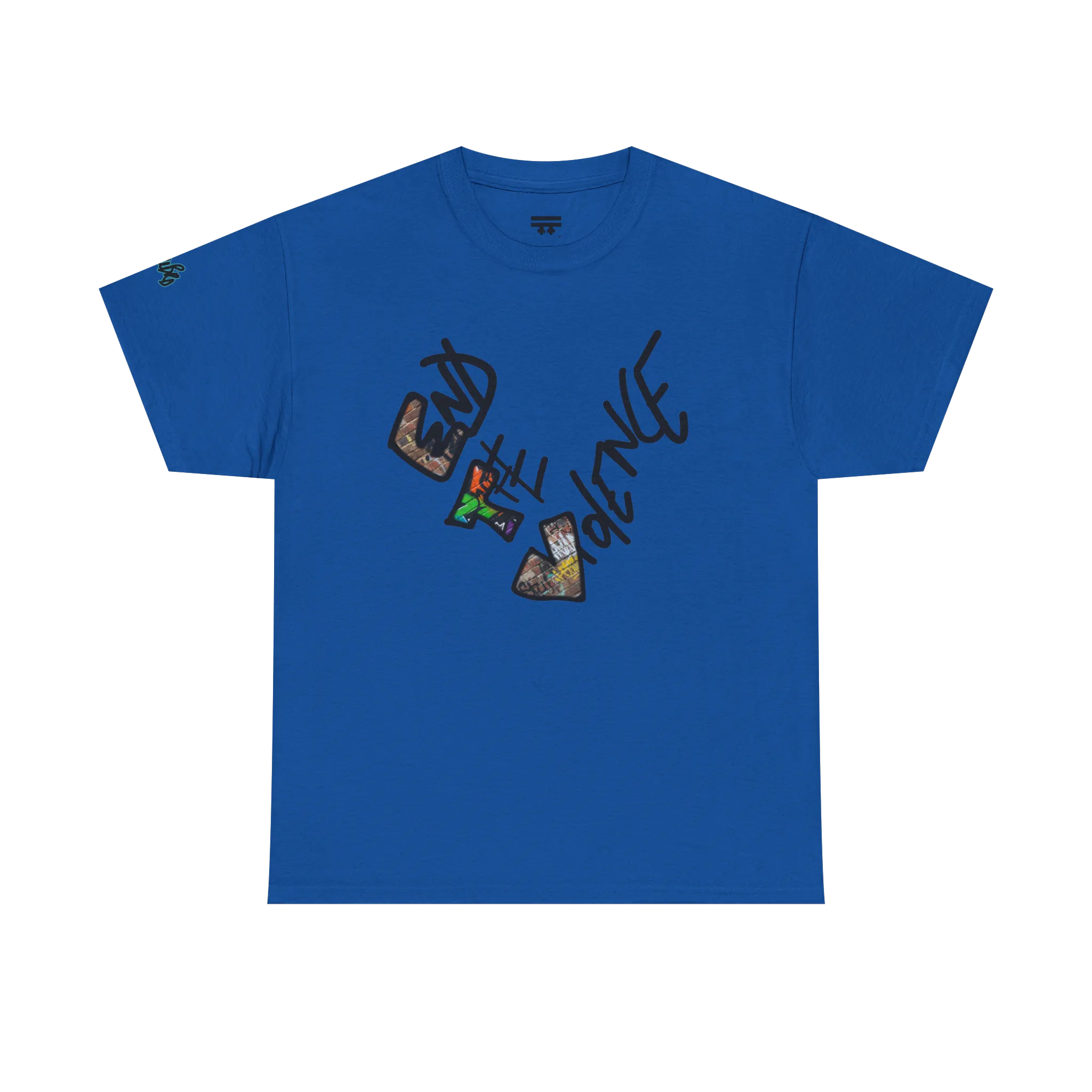 Graphic heart t-shirt with graffiti-style "End the Violence" hand-drawn text and mixed-media art, Royal Blue, front view on form.