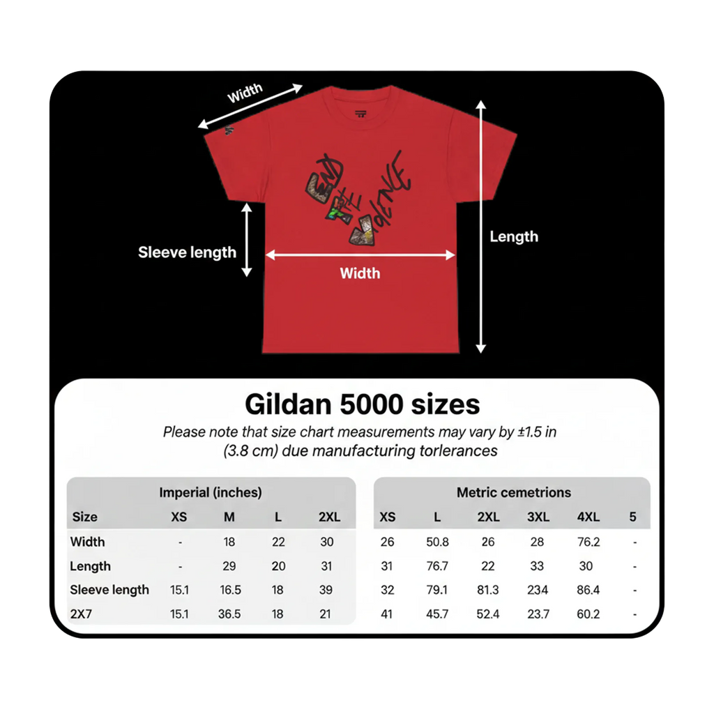 Gildan 5000 size chart showing width, length, and sleeve length measurements in inches and centimeters, sizes S through 4XL.