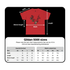 Gildan 5000 size chart showing width, length, and sleeve length measurements in inches and centimeters, sizes S through 4XL.