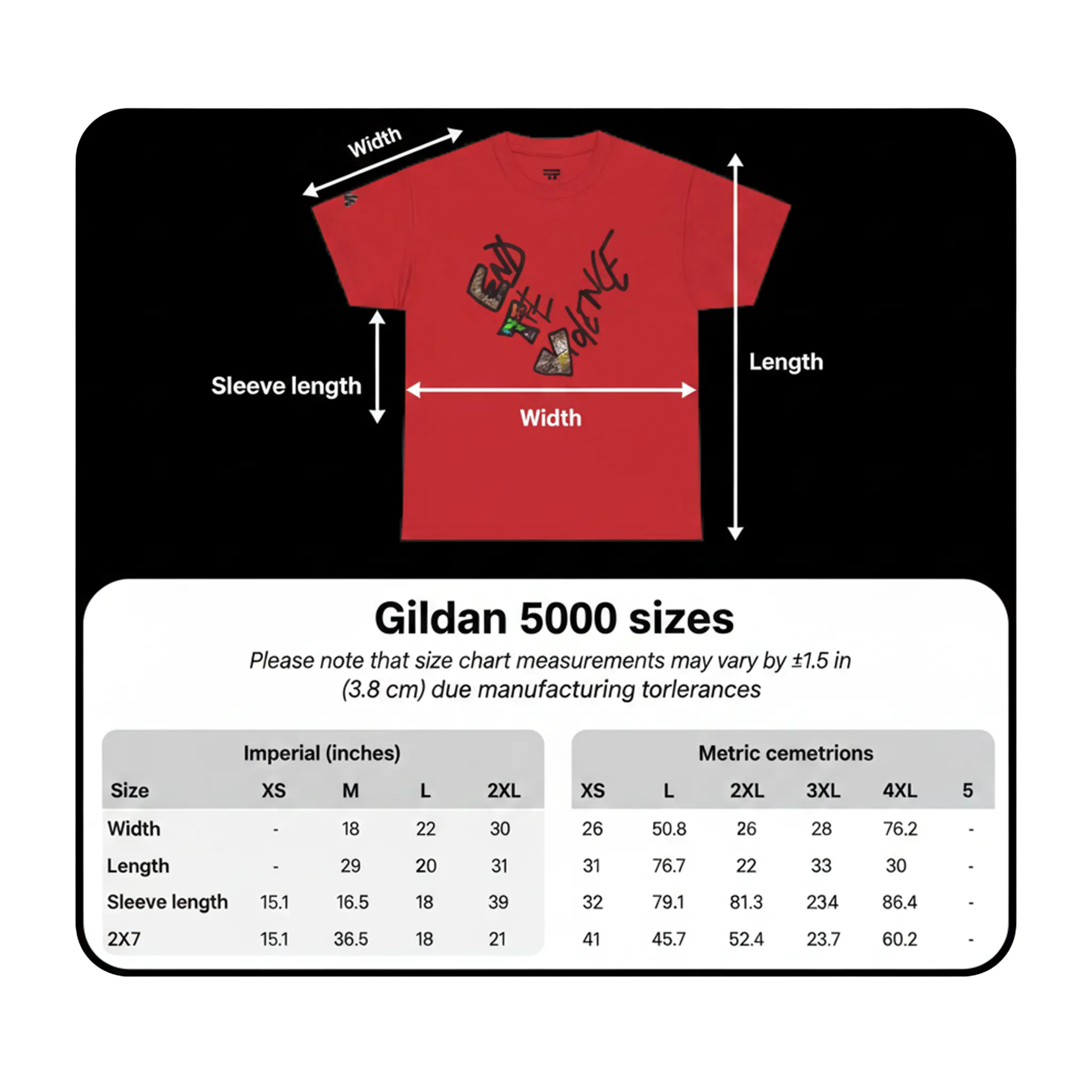 Gildan 5000 size chart showing width, length, and sleeve length measurements in inches and centimeters, sizes S through 4XL.