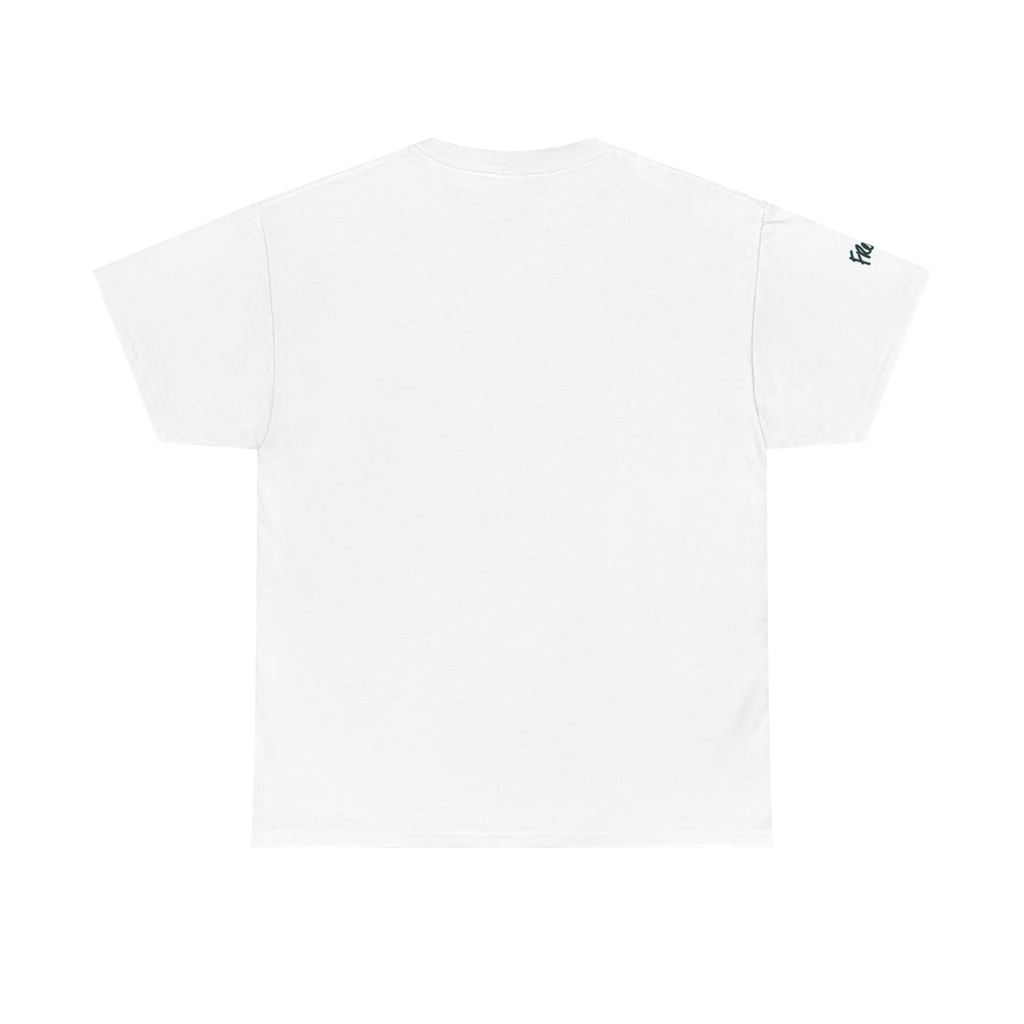 Graphic heart t-shirt with script sleeve detail, White, back view on form.