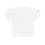 Graphic heart t-shirt with script sleeve detail, White, back view on form.