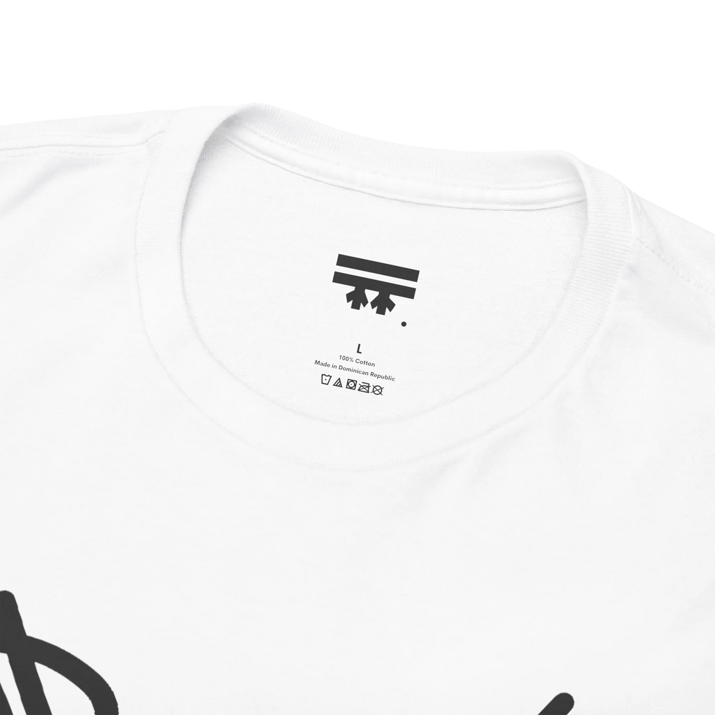 Graphic heart t-shirt inner neck label showing 100% cotton, White, collar detail.