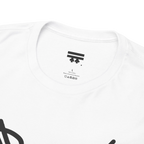 Graphic heart t-shirt inner neck label showing 100% cotton, White, collar detail.