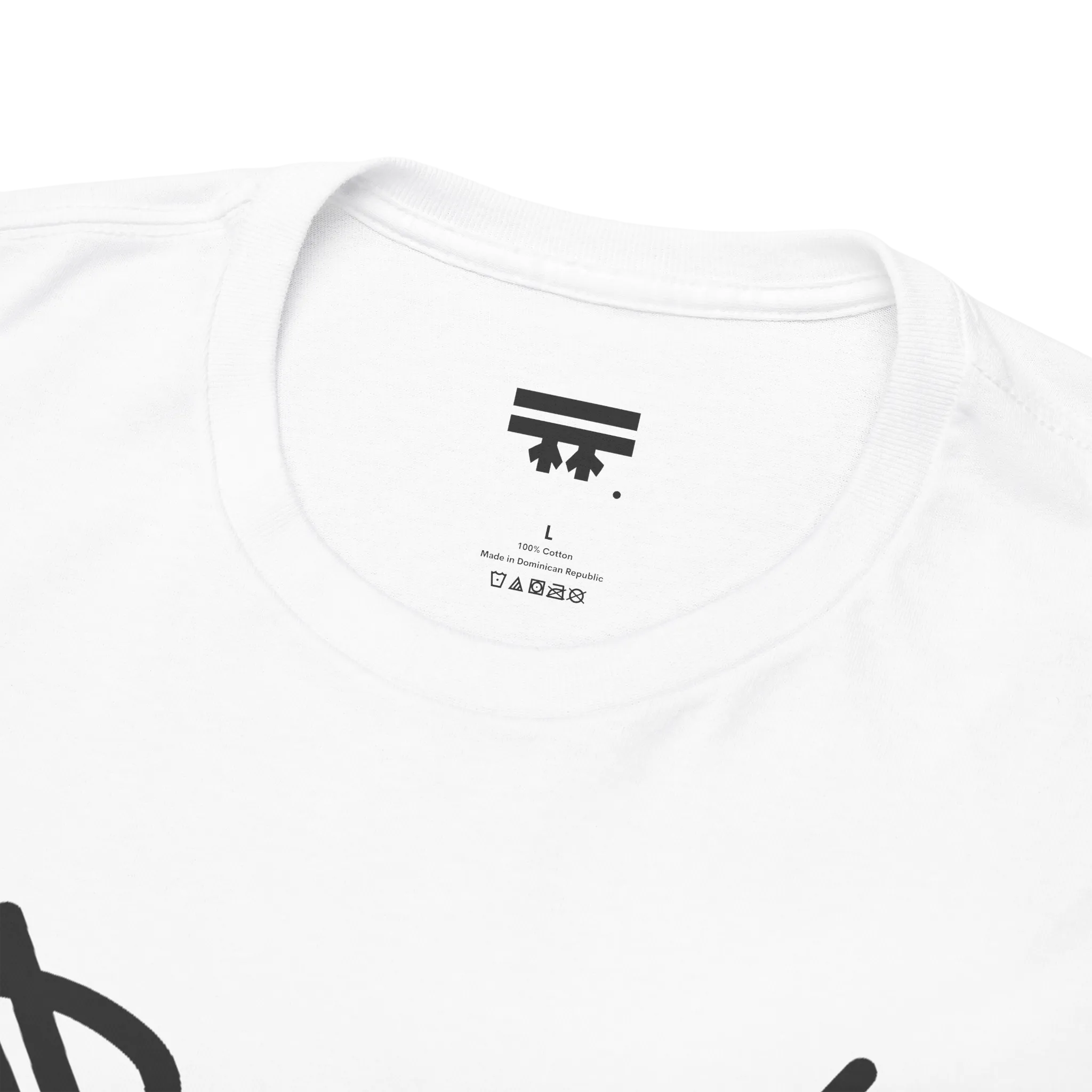 Graphic heart t-shirt inner neck label showing 100% cotton, White, collar detail.