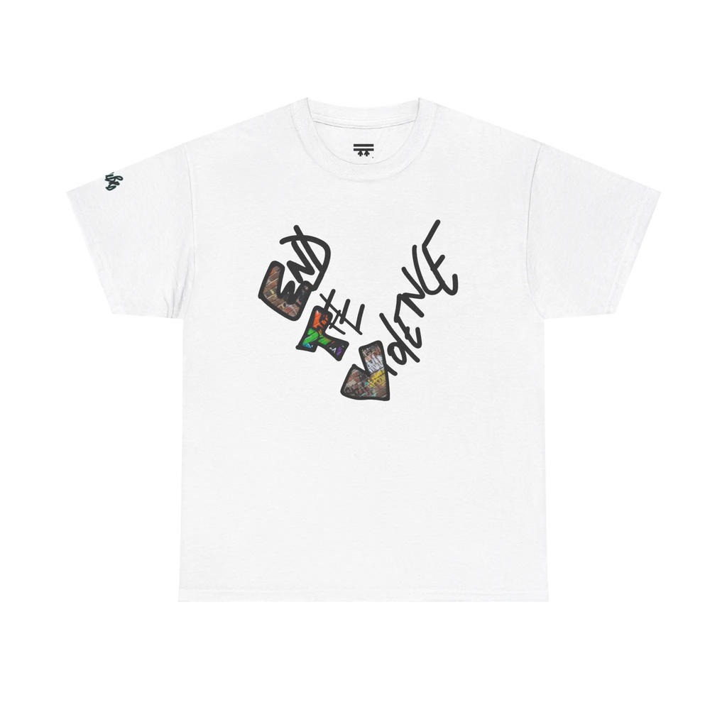 Graphic heart t-shirt with graffiti-style "End the Violence" hand-drawn text and mixed-media art, White, front view on form.