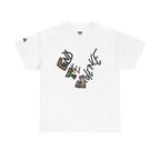 Graphic heart t-shirt with graffiti-style "End the Violence" hand-drawn text and mixed-media art, White, front view on form.
