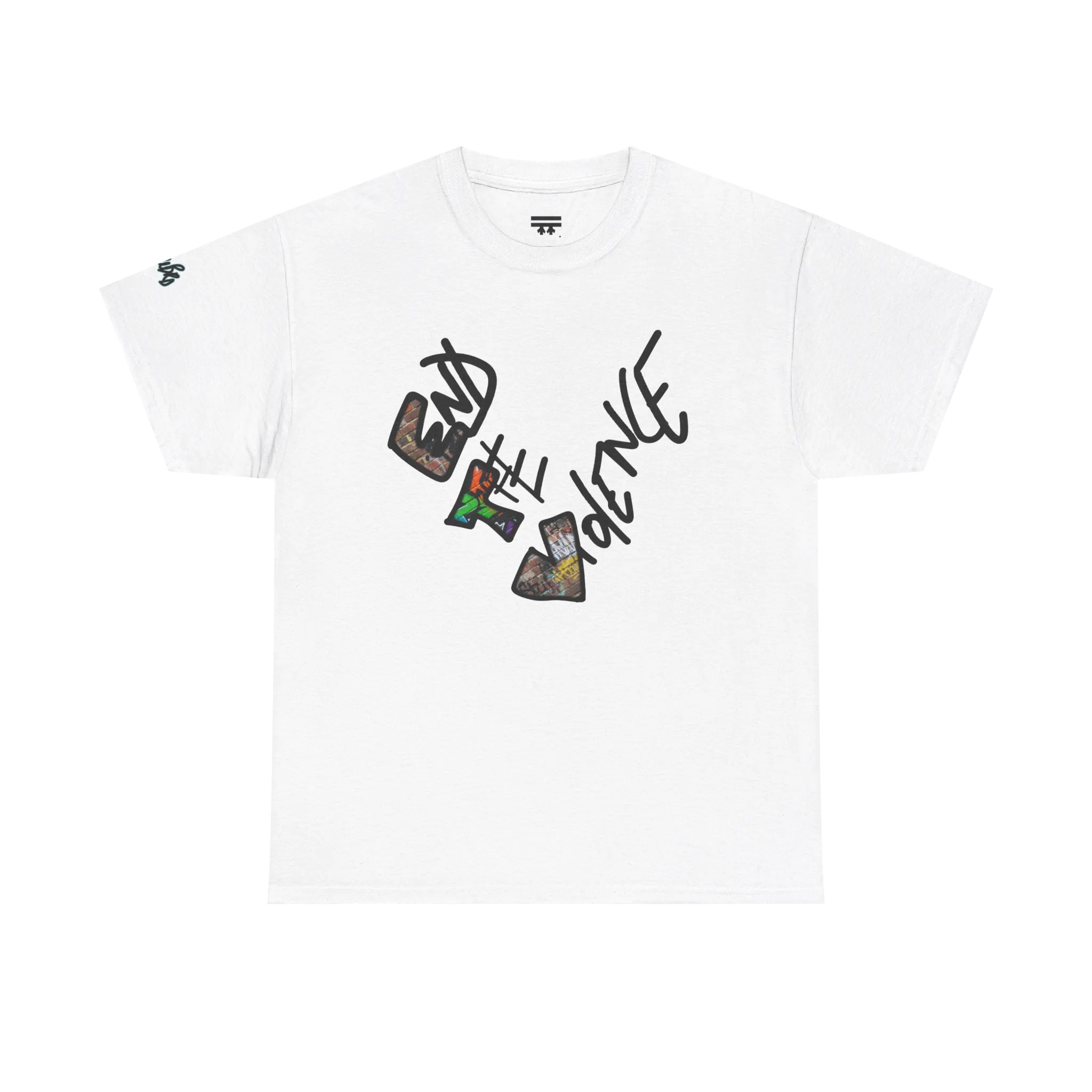 Graphic heart t-shirt with graffiti-style "End the Violence" hand-drawn text and mixed-media art, White, front view on form.