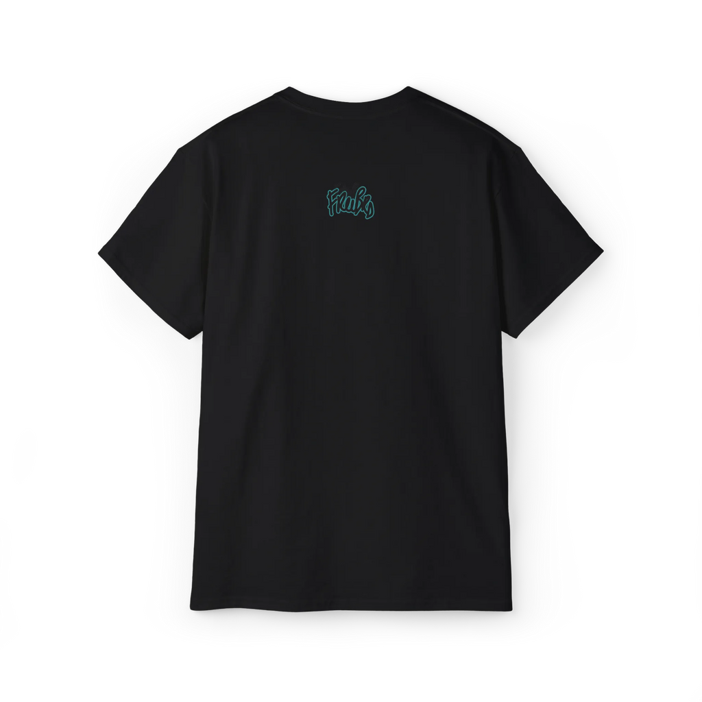 EQUALITY skater script graphic tee, Black, small teal glow written FREEBRD script logo back center, back view.