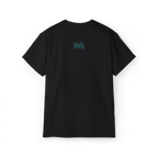 EQUALITY skater script graphic tee, Black, small teal glow written FREEBRD script logo back center, back view.