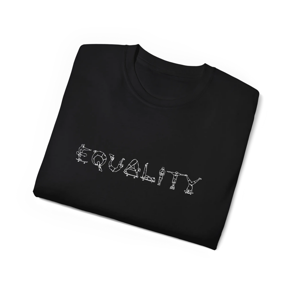 EQUALITY skater script graphic tee, Black, purple script design, folded flat lay view.