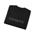 EQUALITY skater script graphic tee, Black, purple script design, folded flat lay view.