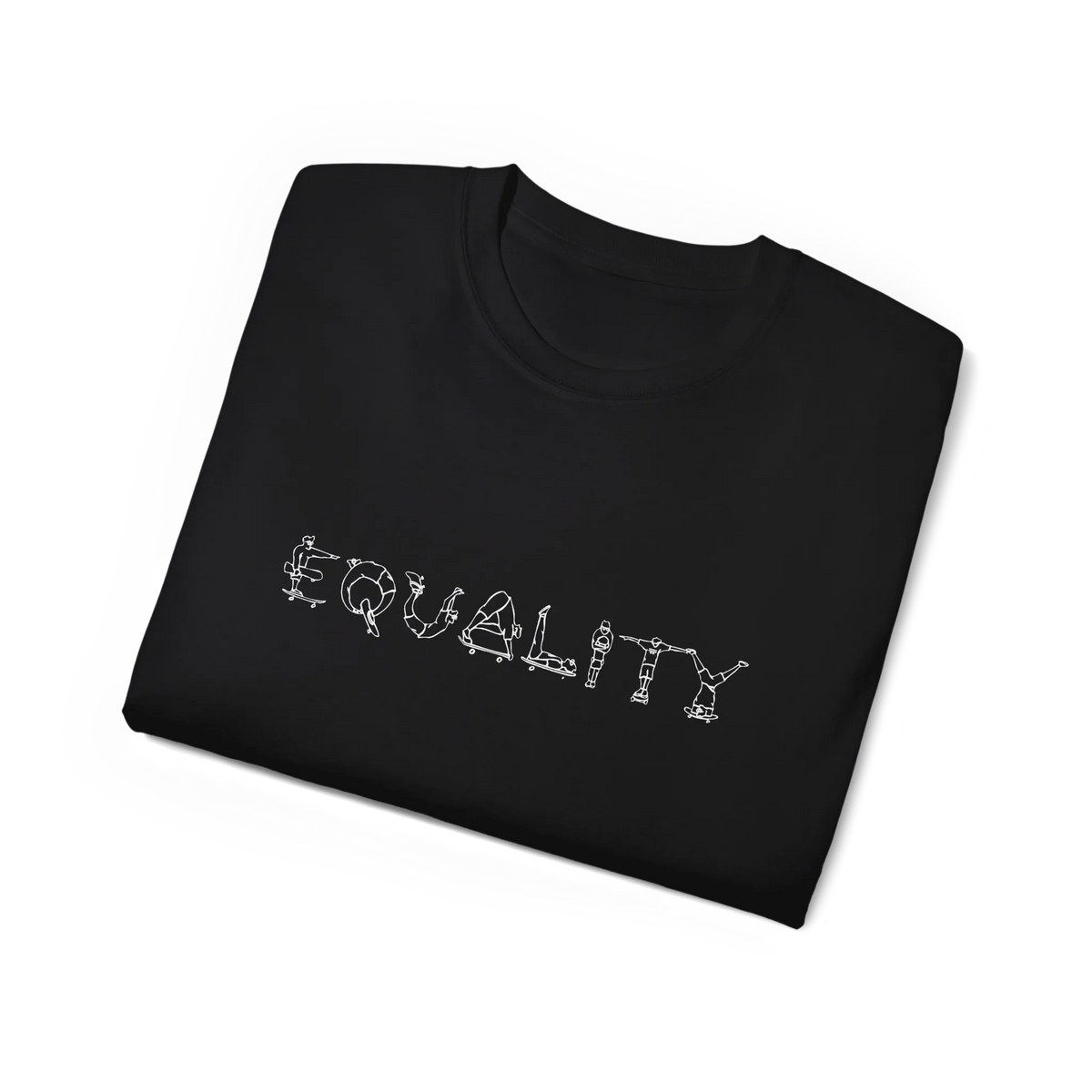 EQUALITY skater script graphic tee, Black, purple script design, folded flat lay view.