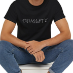 EQUALITY skater script graphic tee, black, front view on person, seated relaxed pose.