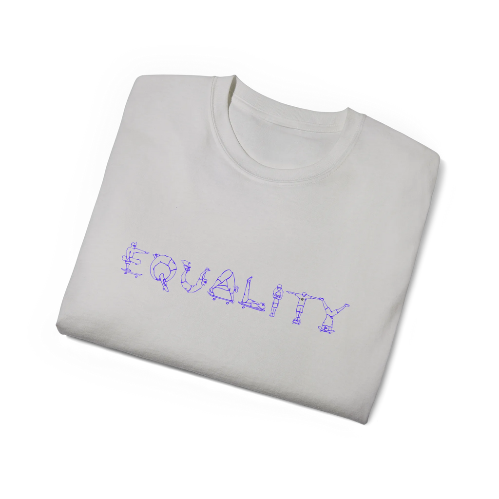 EQUALITY skater script graphic tee, Ice Grey, purple script design, folded flat lay view