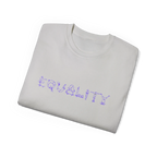 EQUALITY skater script graphic tee, Ice Grey, purple script design, folded flat lay view