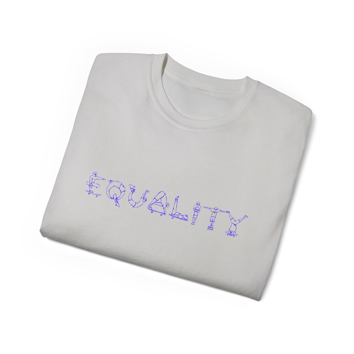 EQUALITY skater script graphic tee, Ice Grey, purple script design, folded flat lay view