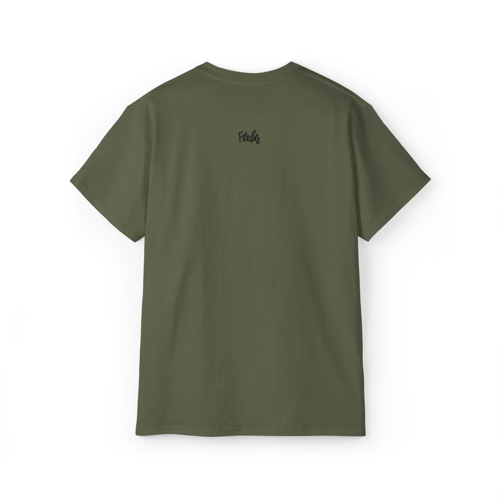 EQUALITY skater script graphic tee, Military Green, small black written FREEBRD script logo, back view.