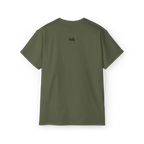 EQUALITY skater script graphic tee, Military Green, small black written FREEBRD script logo, back view.