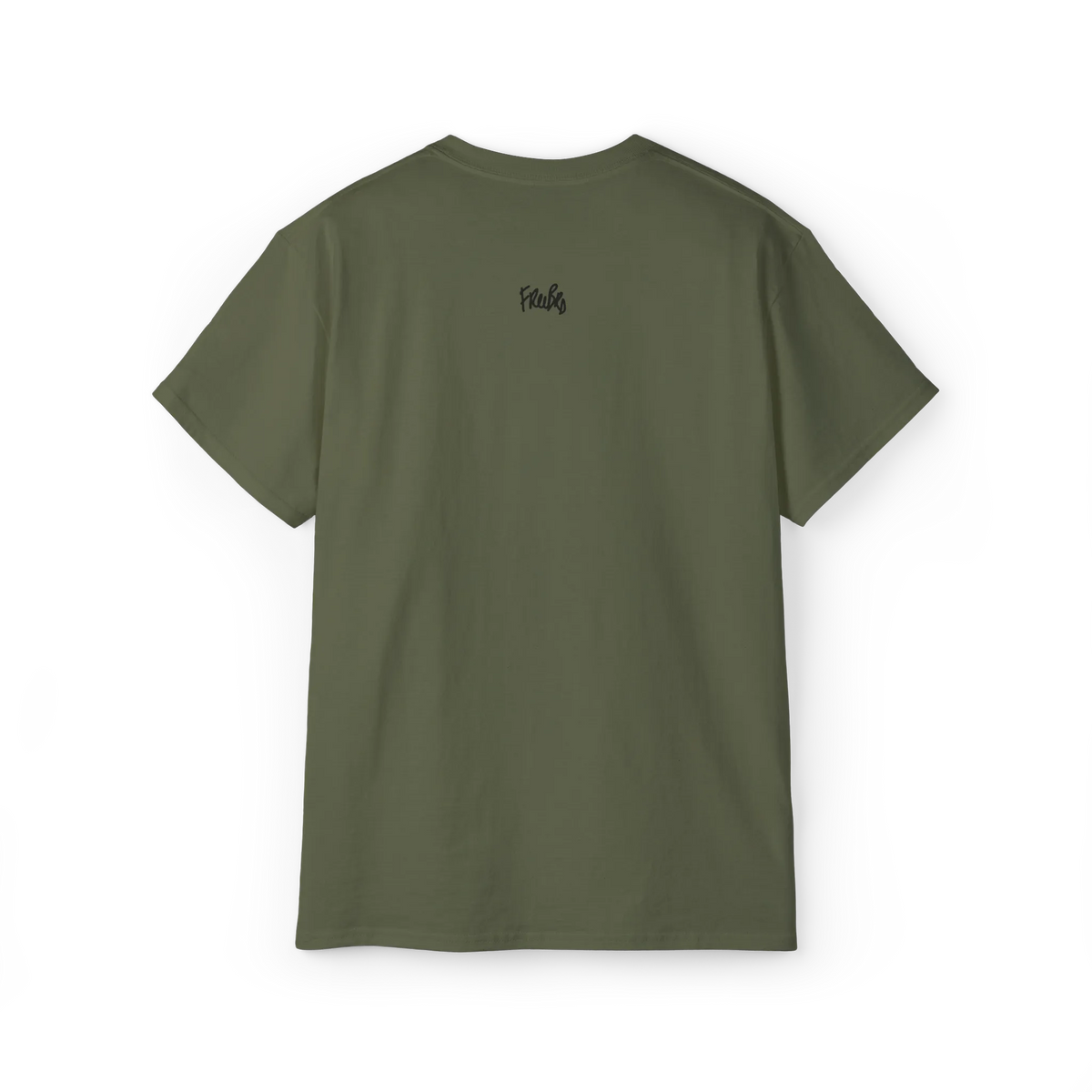 EQUALITY skater script graphic tee, Military Green, small black written FREEBRD script logo, back view.