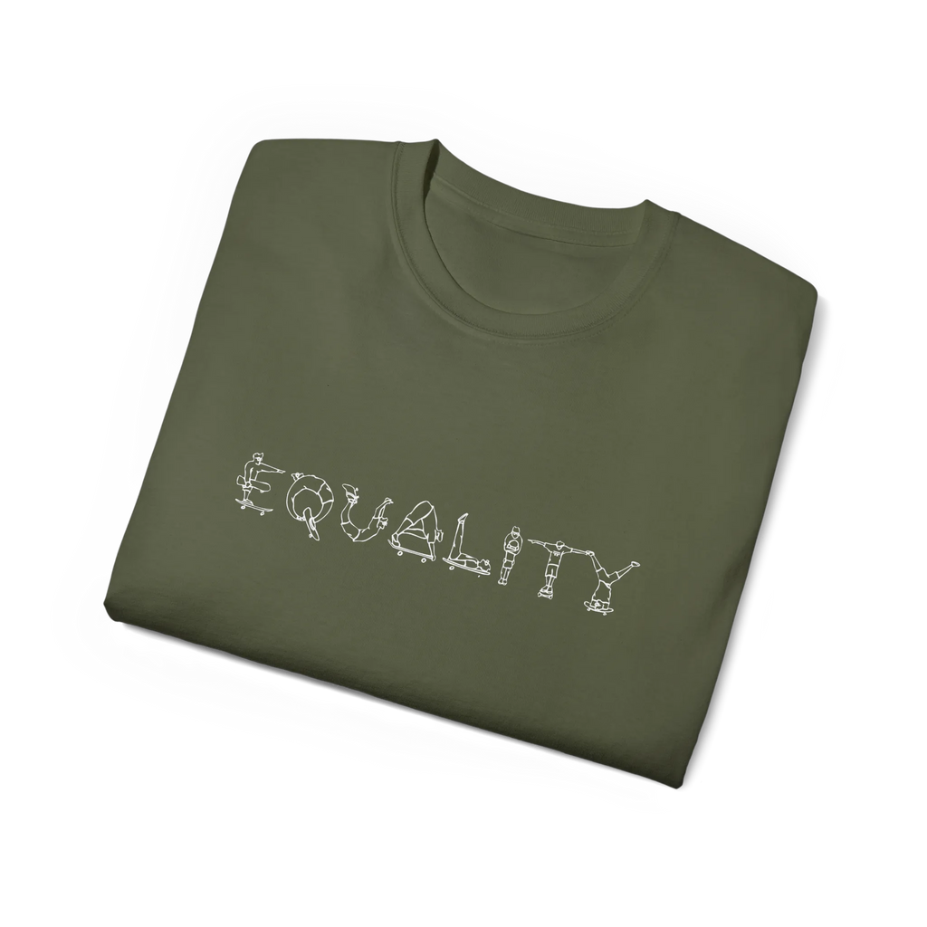 EQUALITY skater script graphic tee, Military Green, purple script design, folded flat lay view