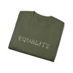 EQUALITY skater script graphic tee, Military Green, purple script design, folded flat lay view