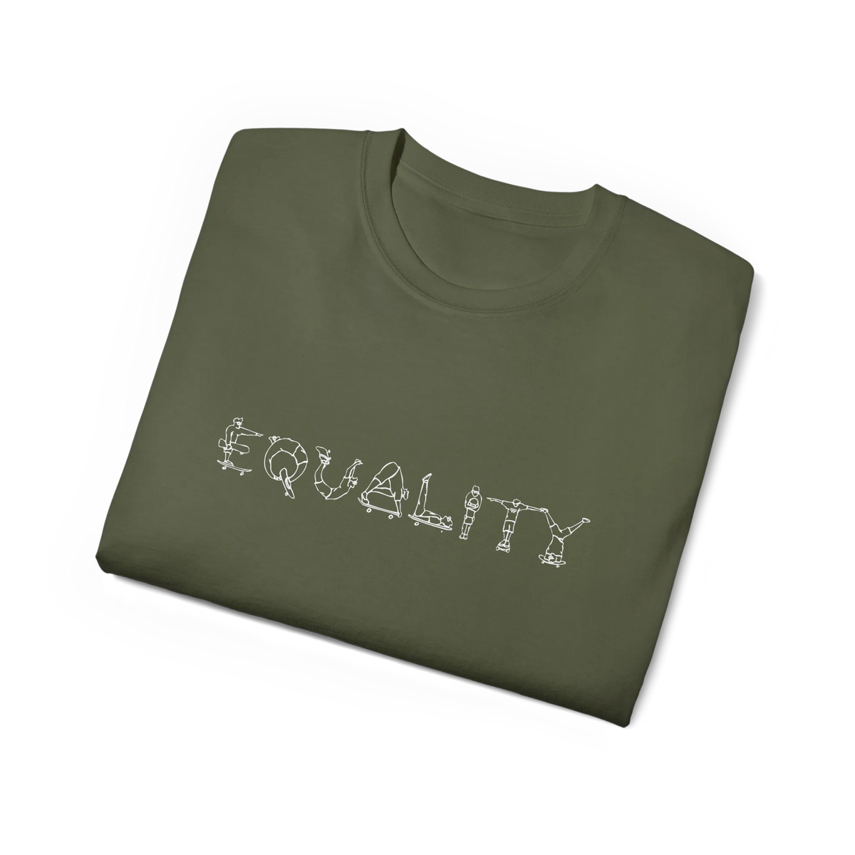 EQUALITY skater script graphic tee, Military Green, purple script design, folded flat lay view