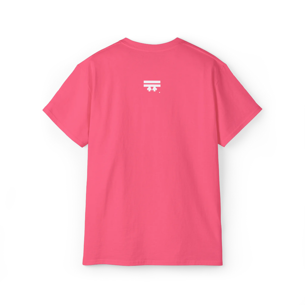 EQUALITY skater script graphic tee, Safety Pink, white FREEBRD logo top center, back view.