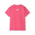 EQUALITY skater script graphic tee, Safety Pink, white FREEBRD logo top center, back view.