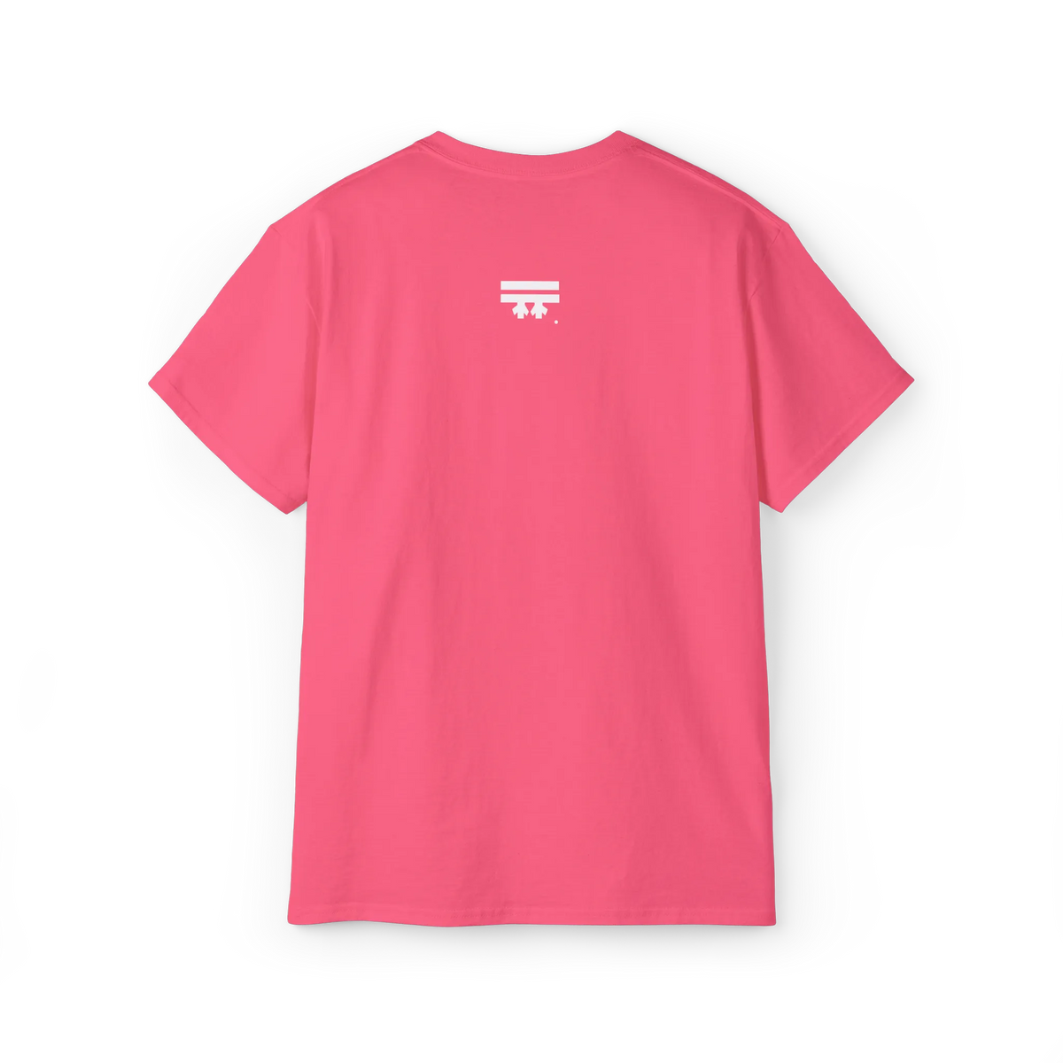 EQUALITY skater script graphic tee, Safety Pink, white FREEBRD logo top center, back view.